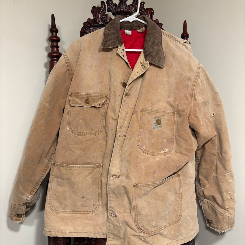 Vintage Carhartt Brown Canvas Red-Lined Button Work Wear Punk Distressed Sz 46T